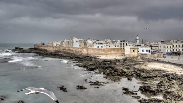 A panoramic view of Essaouira, a picturesque coastal town in Morocco with blue skies, white-washed buildings, and a sandy beach with waves crashing on the shore.