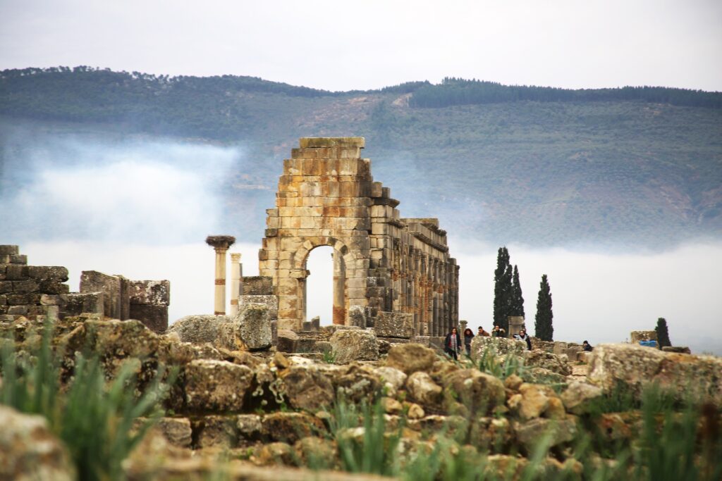 Ancient ruins of Volubilis, a UNESCO World Heritage site located near Meknes in Morocco.