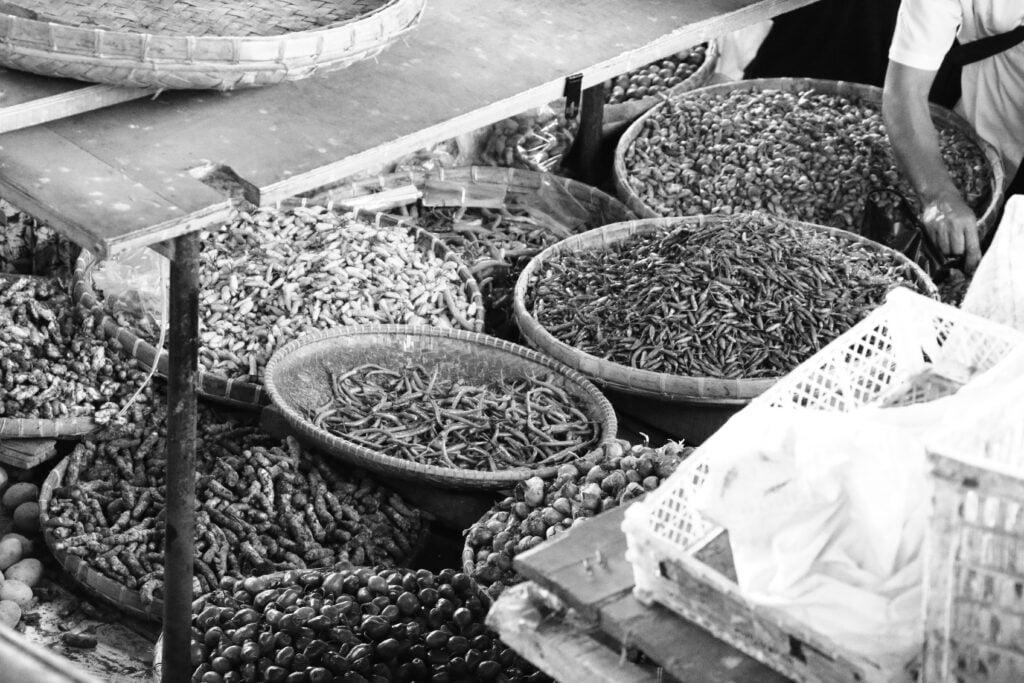 A grey-toned photo showing wicker trays filled with a variety of spices, representing the history and cultural significance of Moroccan spices.