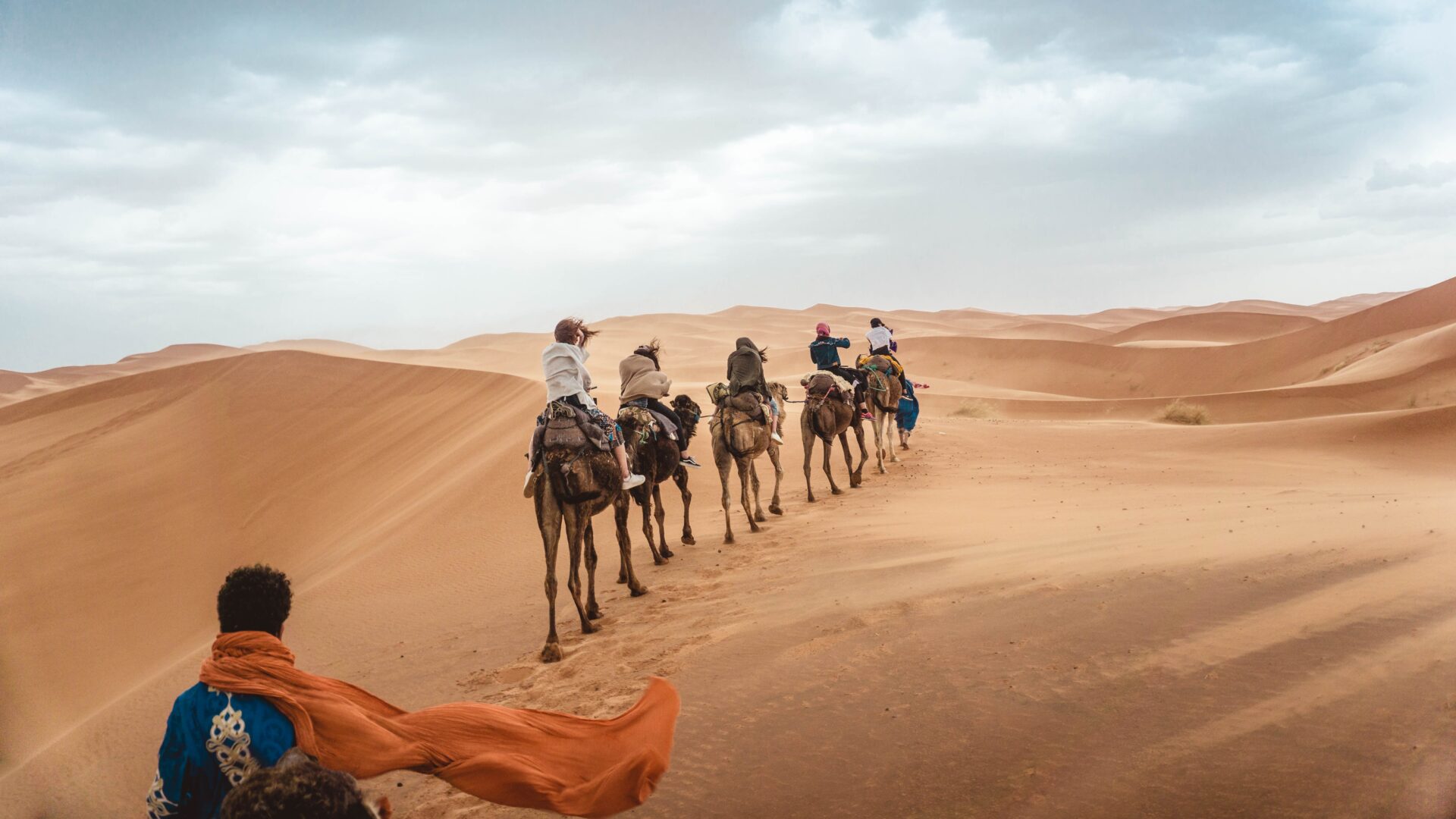 A group of tourists riding camels in the desert on a day trip from Marrakech.