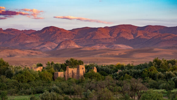 Captivating view of an oasis nestled in the High Atlas Mountains of Morocco, showcasing the splendor of hiking in the region.