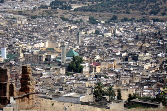 A breathtaking view of the Fes Medina from the Roman ruins, showcasing the vibrant streets and historic architecture.